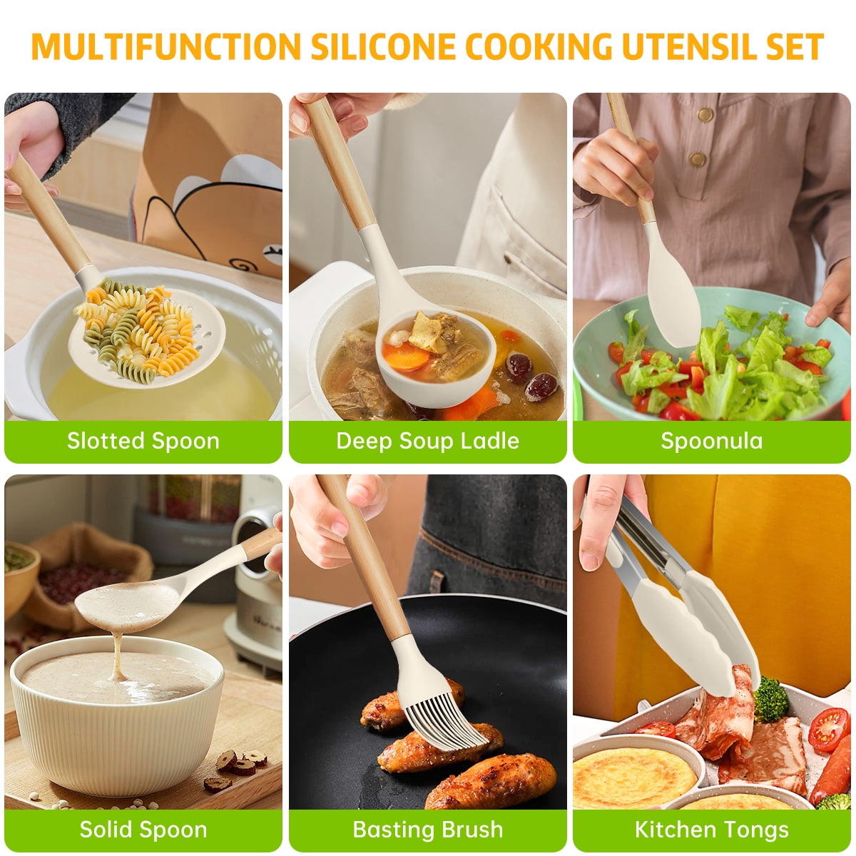 GPED 29 Pcs Silicone Kitchen Utensil Set, Cooking Utensils Set with Wooden Handle, Food Grade Silicone Spatula Set, BPA-Free, 446°F Heat Resistant Kitchen Gadgets Tools Set, White