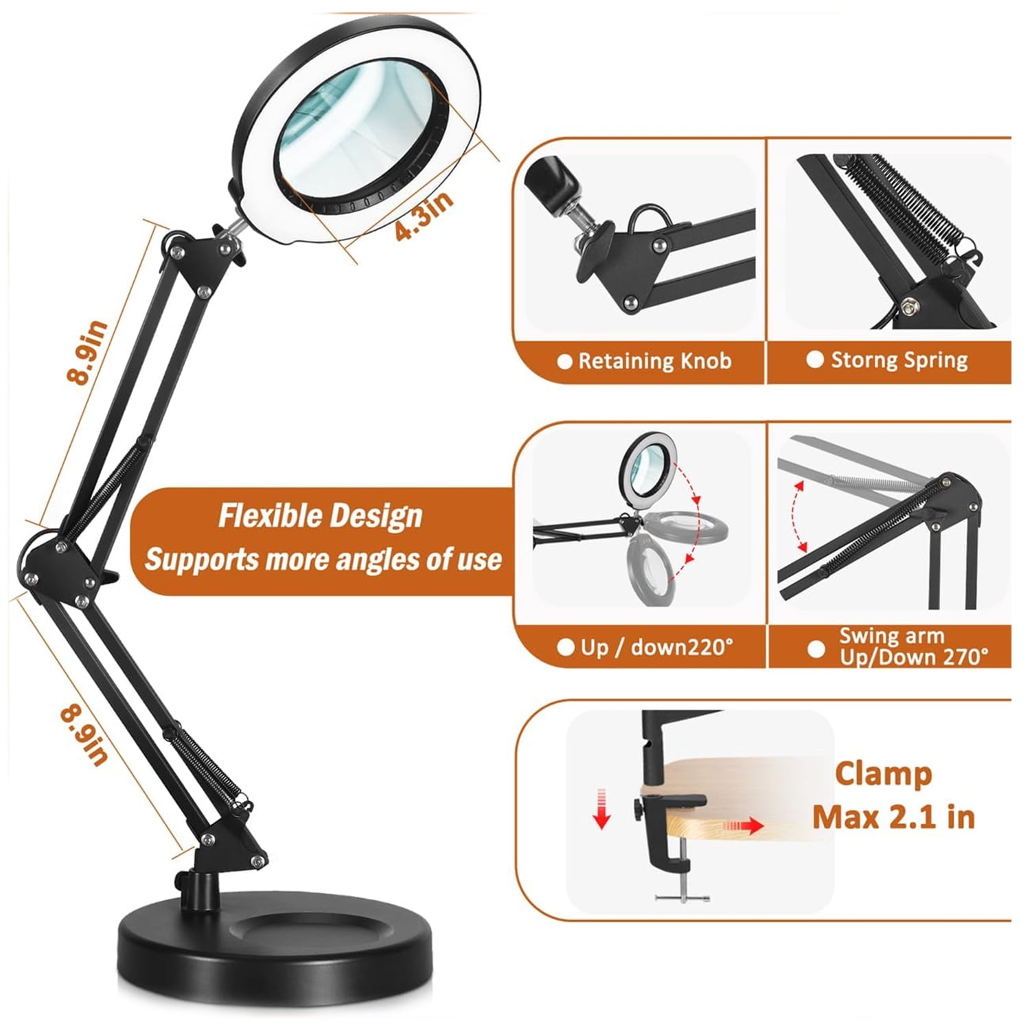 Magnifying Glass with Light, 5 Color Modes Stepless Dimmable 2 in 1 Desk Lamp and Clamp, LED Lighted Magnifier with Light and Stand, Hands Free for Craft Repair Hobby Painting Close Work