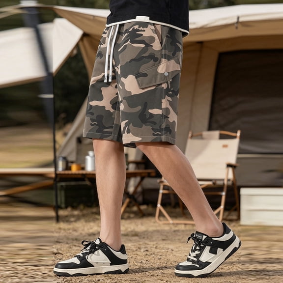 Dresfit Camo Shorts for Men Drawstring Long Cargo Shorts 2026 Summer Knee Length Hiking Bermuda Shorts Big and Tall Wide Leg Stretch Athletic Carpenter Shorts XL