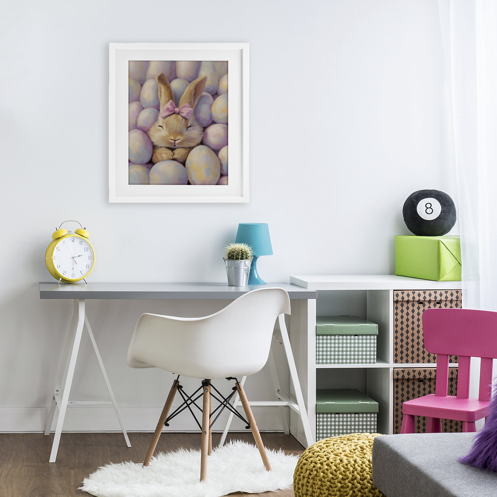 Stupell Industries Easter Bunny Nestled in Eggs White Framed Print Under Glass, design by The Prints Vibe