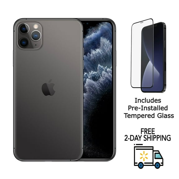 Restored Apple iPhone 11 Pro Max (Unlocked) 64GB Space Gray (A2162) Bundle with Pre-Installed Tempered Glass (Refurbished)
