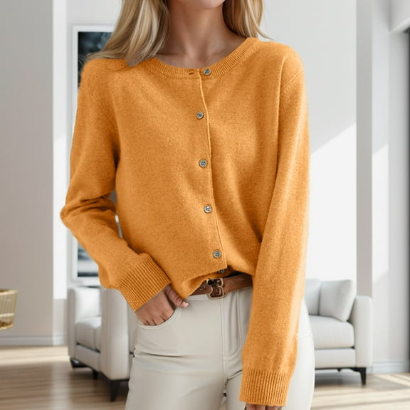Women's Cardigan Sweater Crew Neck Button Collar Knit Cardigan Sweaters (Yellow M)