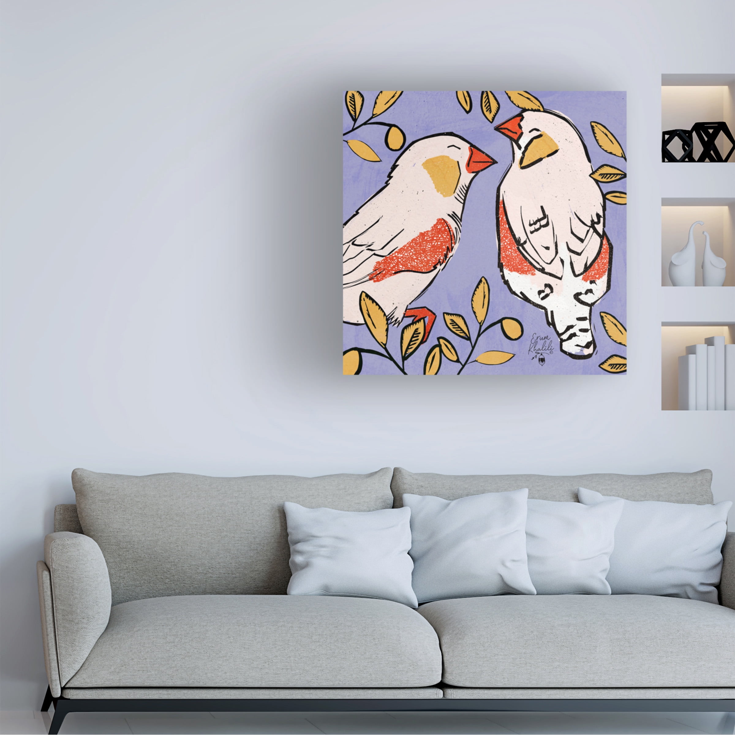 Erum Khalili 'Finch Love Birds Purple Background 2' Canvas Art
