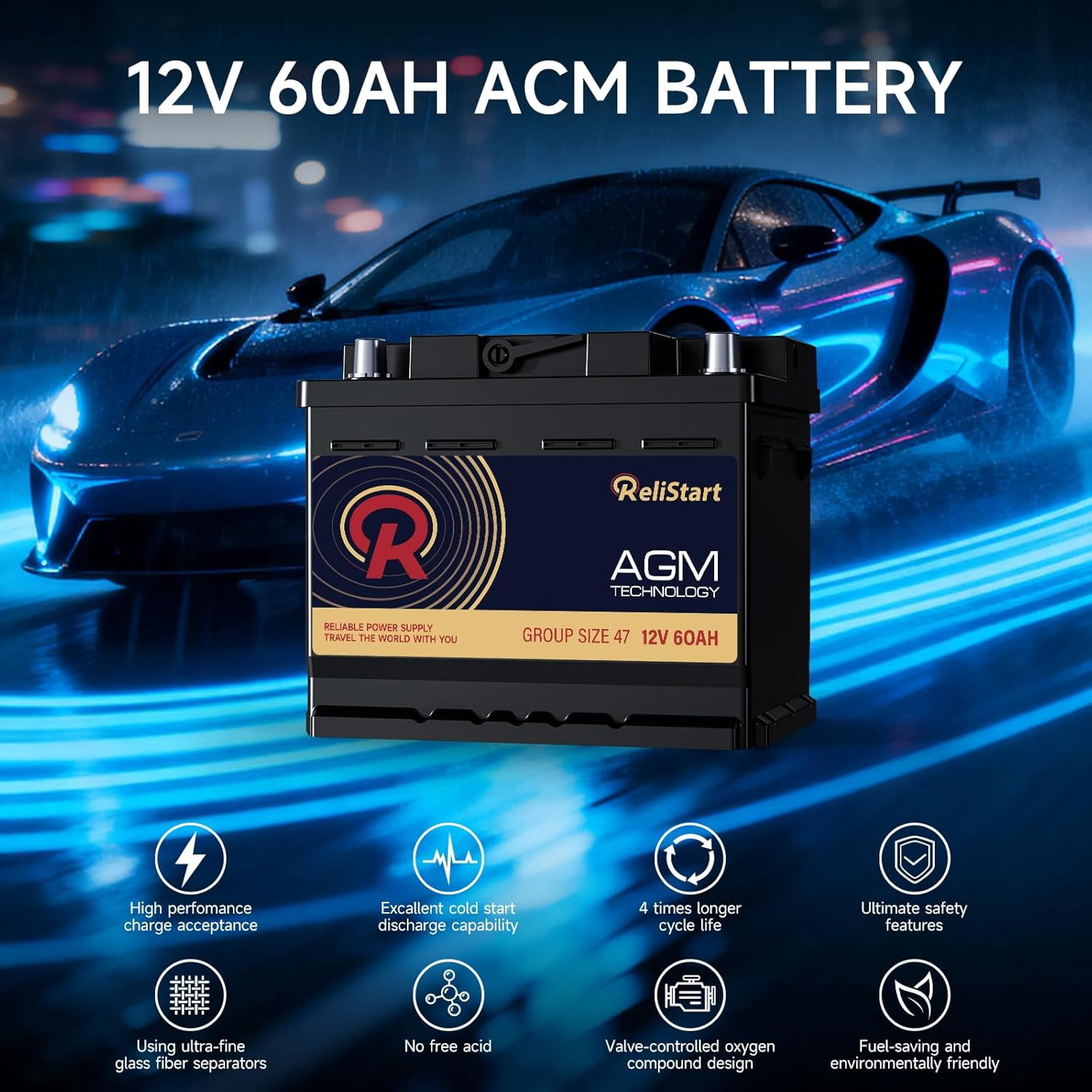 AGM Battery BCI Group 47 Car Battery-12V 60Ah H5 Size 47 Automotive Battery, 12V Start-Stop Rechargeable Auto Starting Power, Deep Cycle, 36 Months Warranty, 105RC, 680CCA
