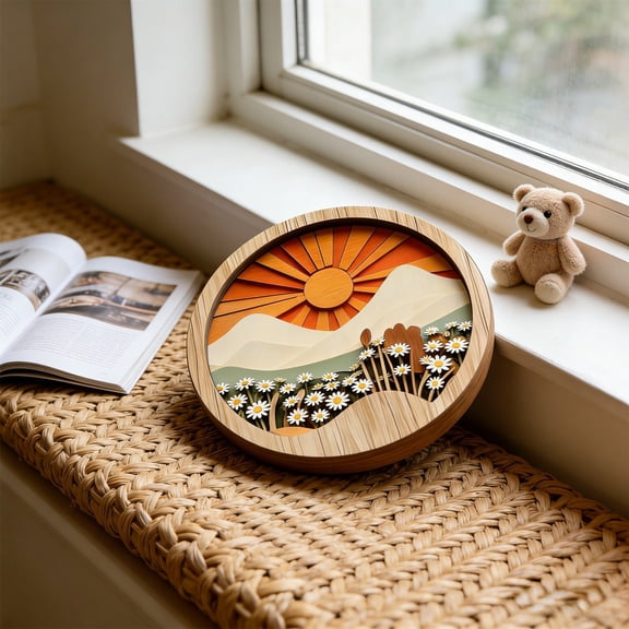 AURIGATE Layered Wood Round Wall Art, Boho Sunflower Mountain Landscape Decor, Farmhouse Tabletop & Hanging Wall Decor