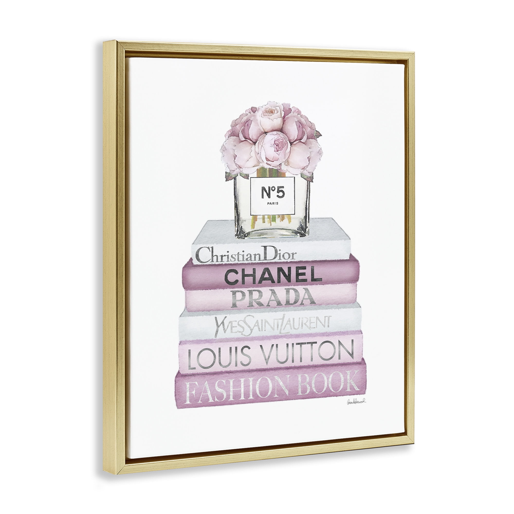 Stupell Industries Rose Bouquet & Designer Bookstack Beauty & Fashion Painting Gold Floater Framed Canvas Art Print Wall Art, 25 x 31