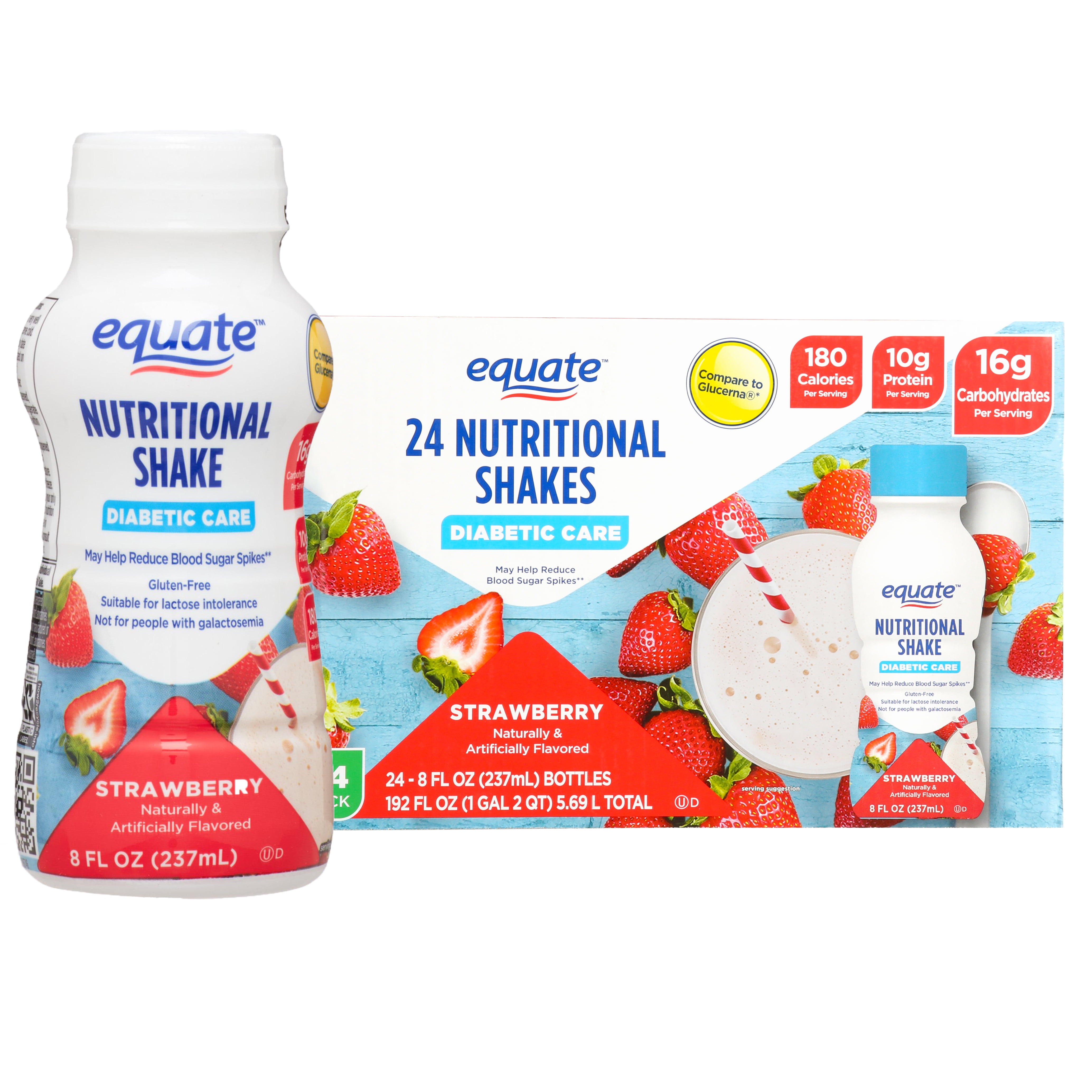 (3 pack) Equate Nutritional Shake Diabetic Care, Strawberry, 8 fl oz, 24 Count