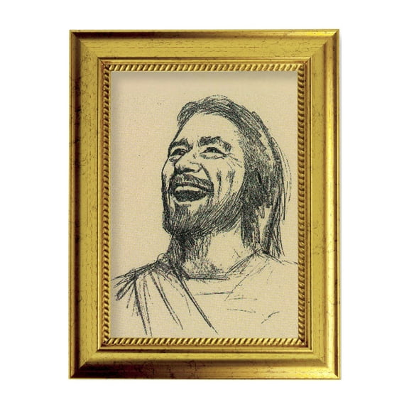 Laughing Jesus Picture Framed Wall Art Decor Small, Antique Gold-Leaf Frame with Rope Detailed Lip