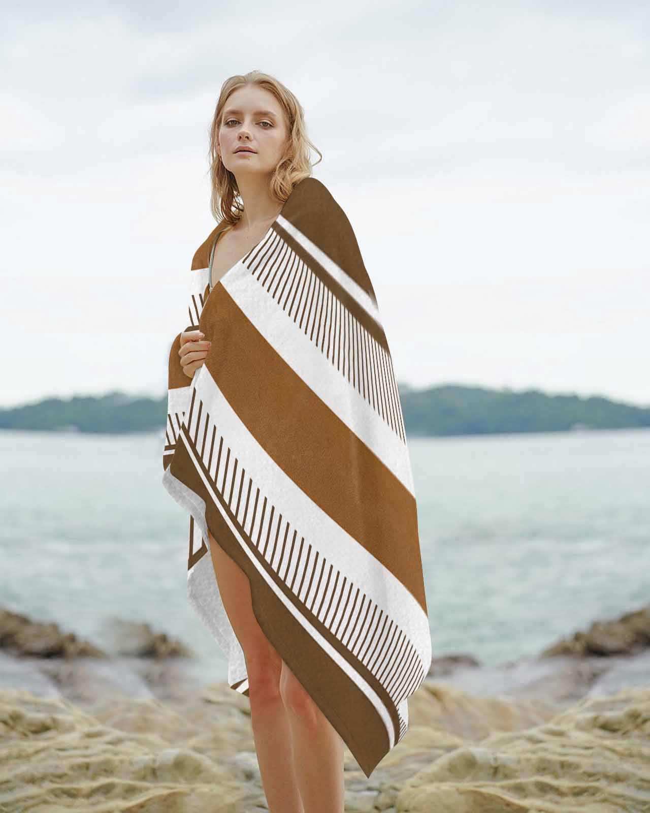 Modern Brown Beach Towels Oversized Super Absorbent, Boho Contemporary Geometric Striped Lightweight Bath Towel Quick Dry Sets For Bathroom/Pool/Rv Camping/Beach Play/Gym Room/Picnic 35"x70"