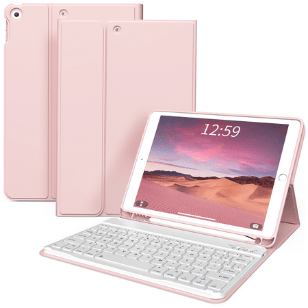 Aoub iPad 9th/8th/7th Generation Keyboard Case with Pencil Holder, Stand Folio Detachable Wireless Bluetooth Keyboard Cover, Soft TPU Back Smart Case for iPad 10.2 inch 2021/2020/2019, Pink