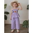 thumbnail image 4 of Loicainy Baby Toddler Kids Girl Halloween Outfit 6 9 12 18 24 Months 2T 3T 4T 5T Pumpkin Embroidery Smocked Tie-up Spaghetti Strap Tops Solid Wide Leg Pants Clothes Set, 4 of 9