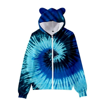 

ZMHEGW Hoodies for Girls New Tie Dye 3D Printed Cat Ears Zipper for with Cat Ears Pullover Sweatshirt Kids Boys