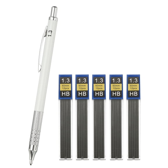 Uxcell Mechanical Pencil 1.3mm, Pencils Mechanical Holder Automatic Metal Holder with 5Pcs Refills for Drawing Art Sketching Woodworking, White