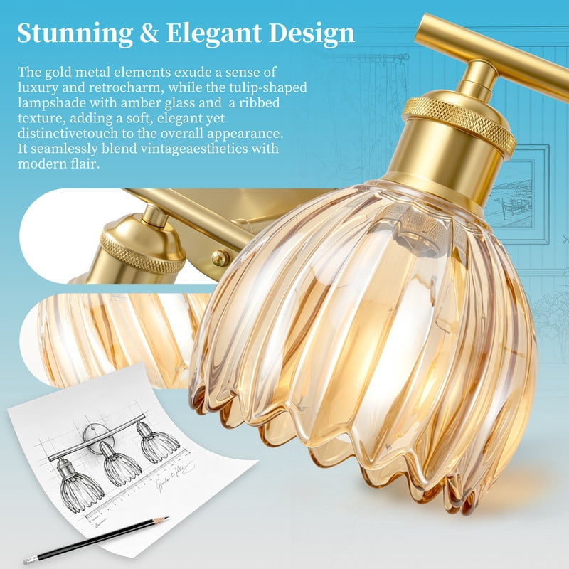HKMGT 3-Light Gold Vanity Light with Amber Ribbed Glass, Reversible Mounting, E26 Base Wall Sconce for Bathroom & Hallway