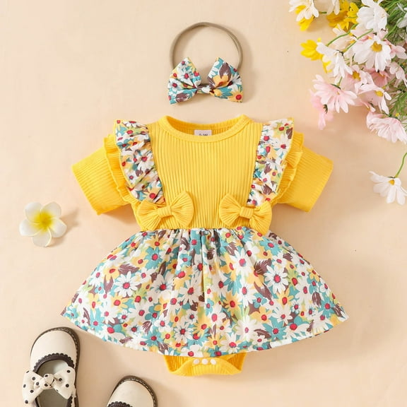 Utlike Girls Bodysuits Short Sleeve Ribbed Floral Romper Jumpsuits Dress Headbands Set Toddler Crawling Outfit Playsuit Size 12 Months-18 Months