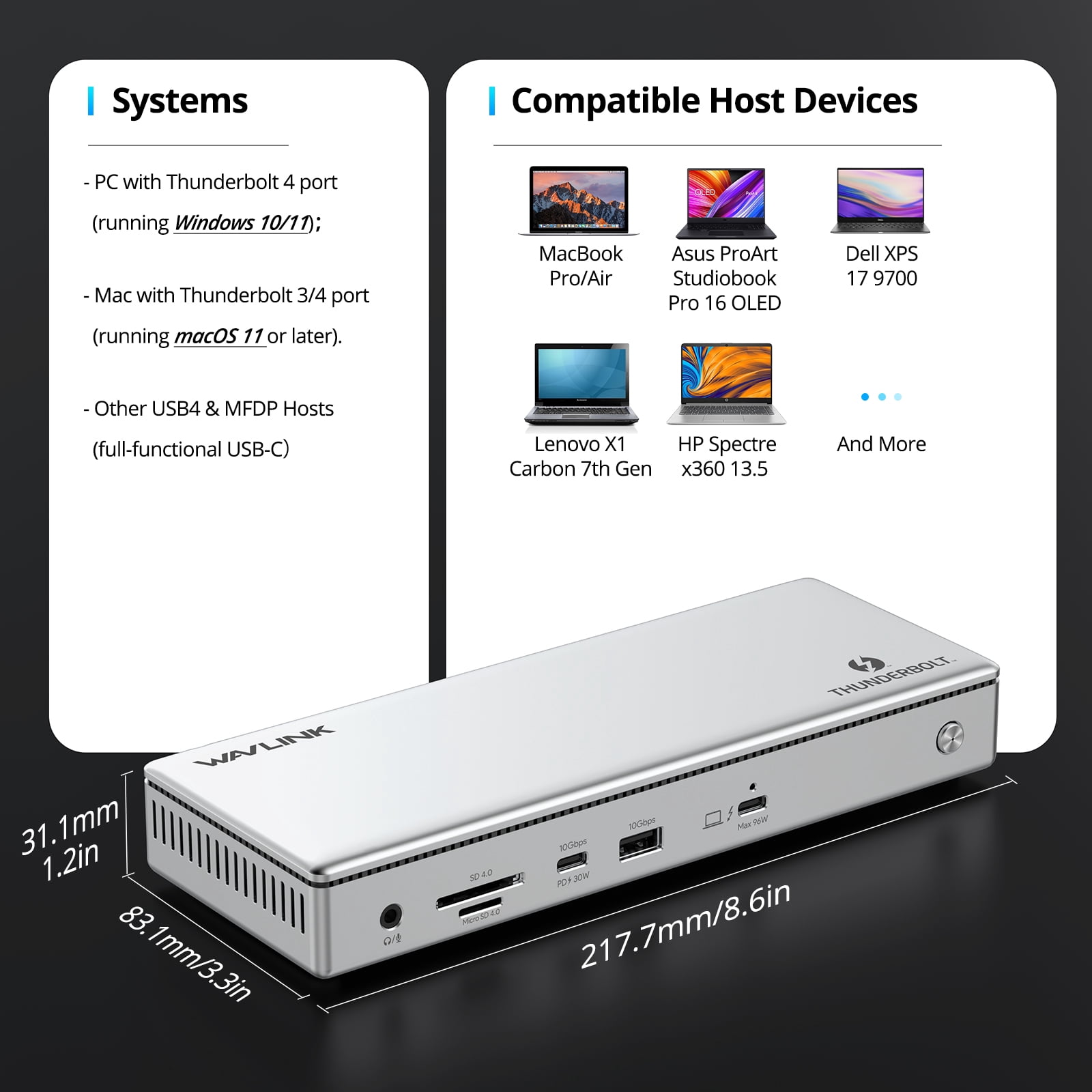 WAVLINK Thunderbolt 4 Docking Station, Single 8K@60Hz/ Triple 4K@60Hz Display, 96W Charging Laptop Dock for TBT 4/3 Mac & TBT 4 Windows Laptop with 40Gbps, 2.5G RJ45