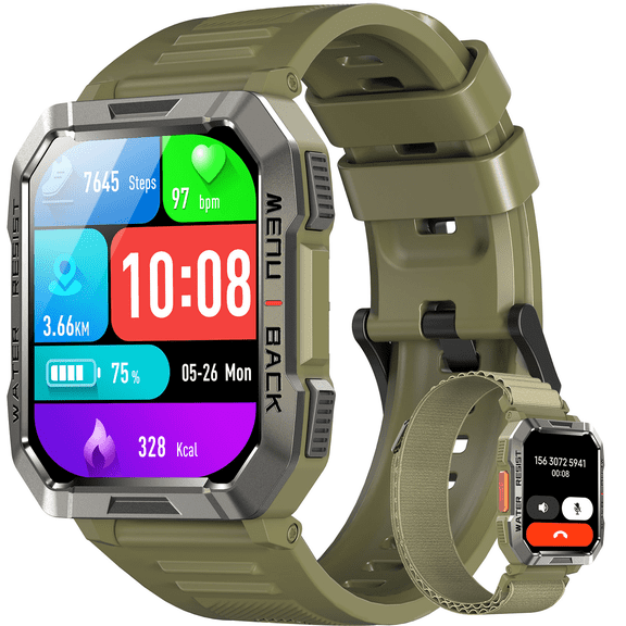 LUOMATE 2.01" Military Smartwatch for Men, 900mAh Fitness Tracker with Answer/Make Calls, 100  Sport Modes, IP68 Waterproof, Pedometer, Compatible with Android & iPhone (Green)
