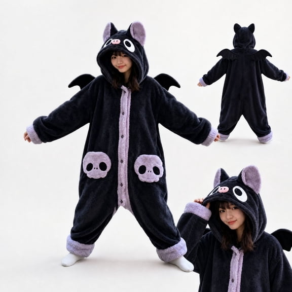 Cozy Halloween Bat Cosplay Jumpsuit Onesie, Plush Hooded Pajama with 3D Bat Wings & Storage Pockets, Party Dress‑Up & Home Nightwear Purple M