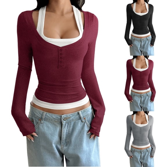 Lumistal Women's Long Sleeve Shirts Low Cut Slim Fit T Shirts Y2K Going Out Tops for Women Cropped Top Basic T-Shirt Tee Streetwear Daily Wear Wine M
