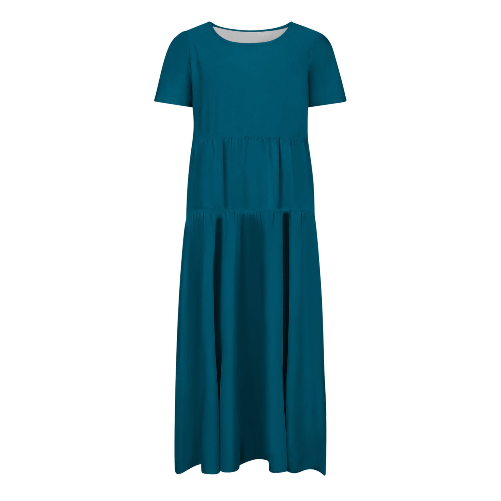 Hueook Casual Dresses for Women Women's Flower Solid Color Casual Short Sleeve Crewneck Dress Casual Flowy Tiered Maxi Beach Dress Dark Blue M