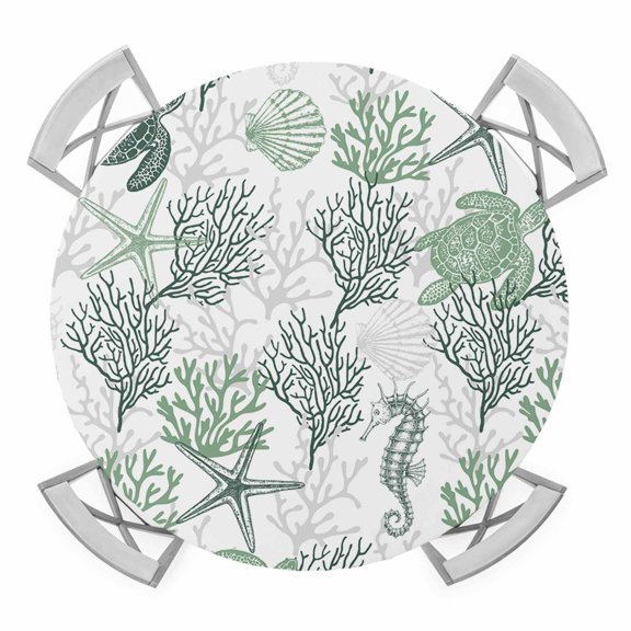 Elastic Fitted Round Tablecloth, Sage Green Coastal Waterproof Stretch Table Cover for 36"-44" Tables, Sea Turtle Nautical Coral Summer Beach Washable Outdoor Tablecloths for Patio, Picnic, Camping
