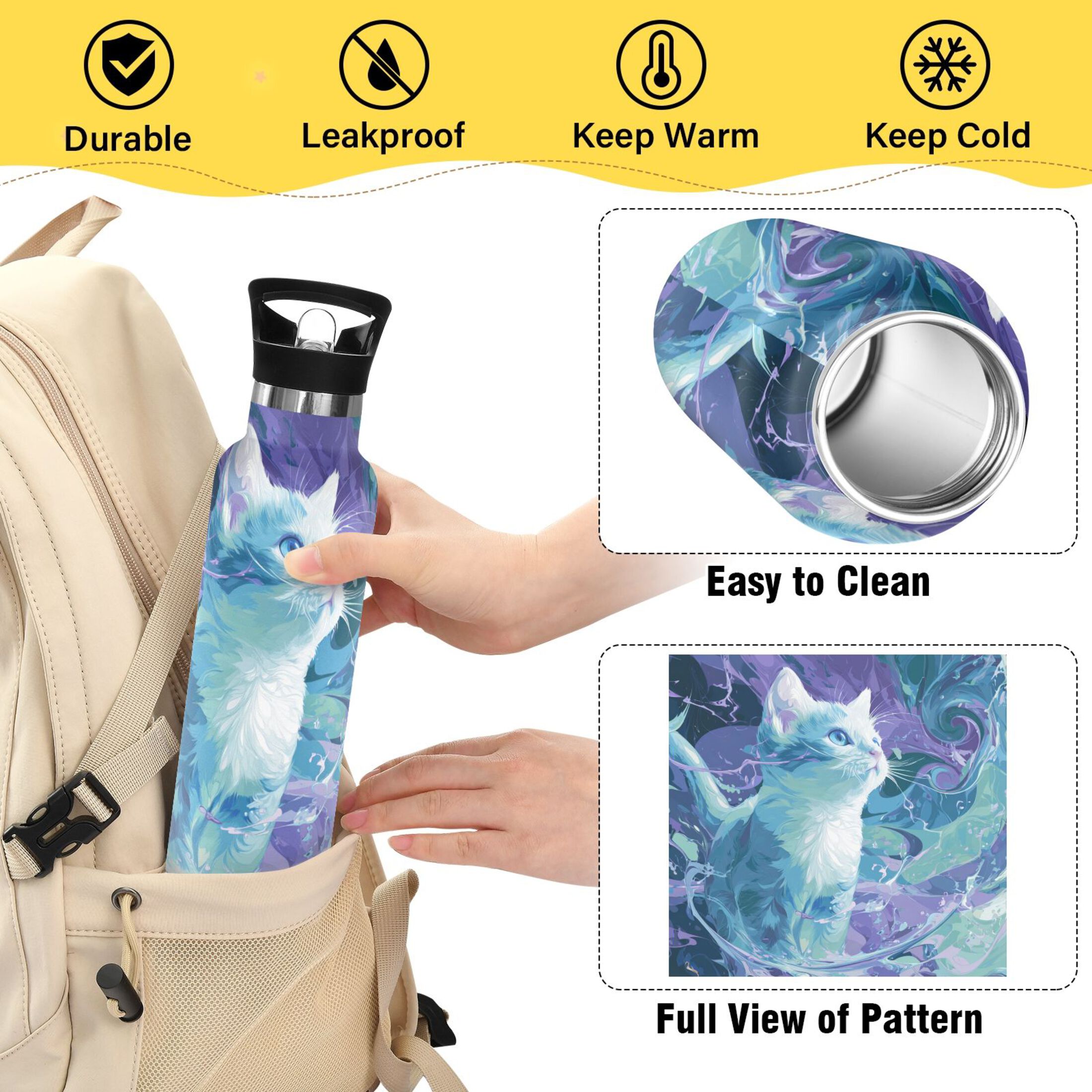 600ML Stainless Steel Insulated Cup Sports Water Bottle Portable Thermos Cup Water Glasses Insulated Tumblers Convenient and Durable Blue Cat
