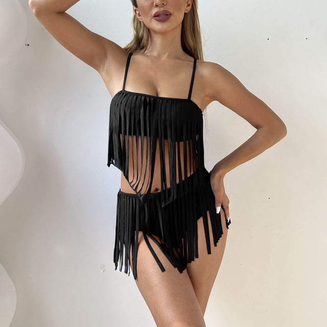 Trajes de baño tankini para mujer Trajes de baño de dos piezas con borlas de color liso y tirantes con hebilla en la espalda para mujer Trajes de baño para mujer Trajes de baño tankini para mujer