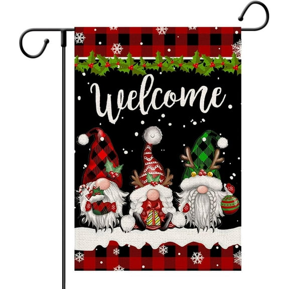 Merry Christmas Gnome Garden Flags 12.5x18 Double Sided Winter Yard Flag Buffalo Plaid Burlap Farmhouse Welcome Decorative Flags for Outside Outdoor Lawn Xmas Decoration