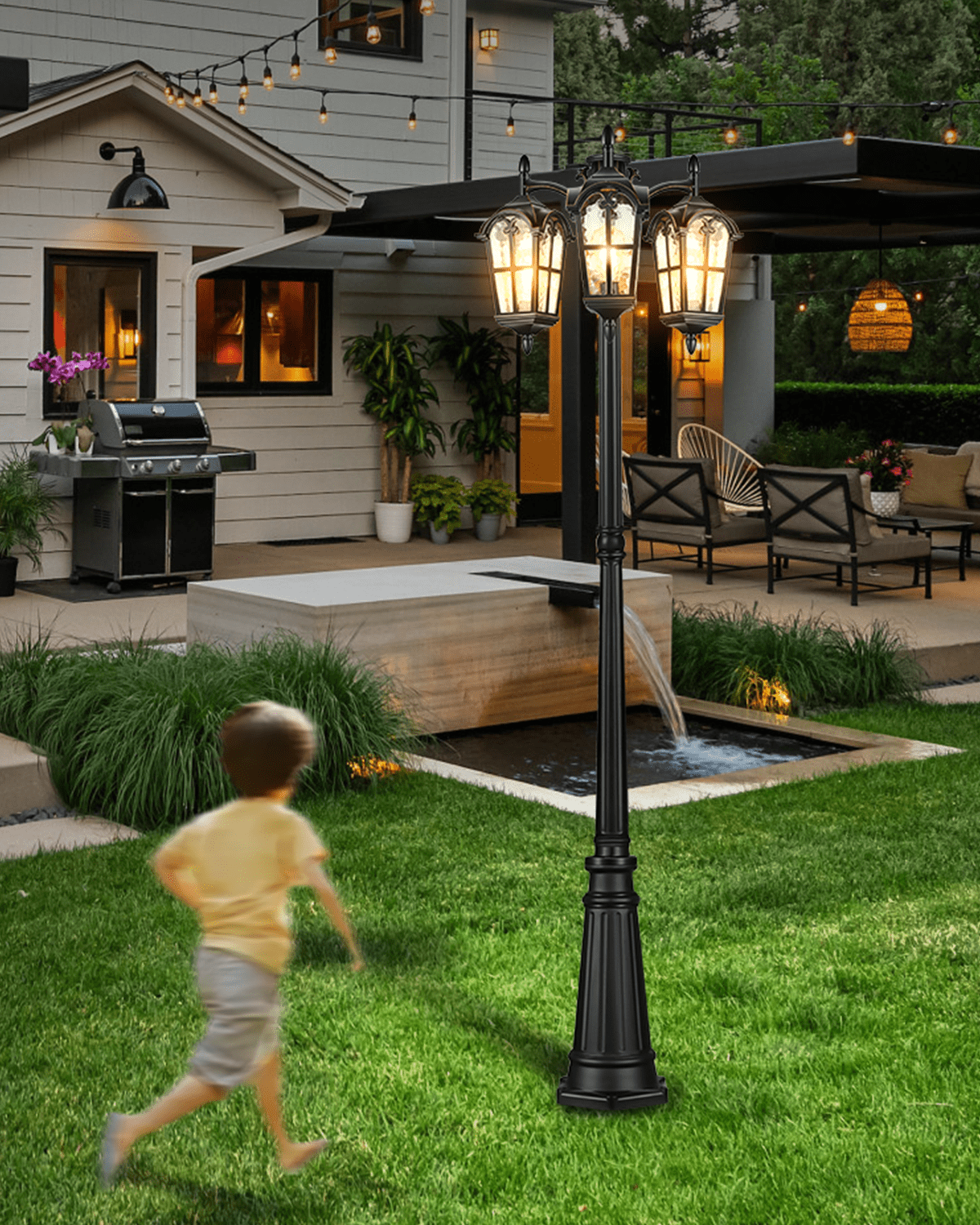 VIANIS Outdoor Post Lights Dusk to Dawn, Anti-Rust Vintage Lamp Posts Outdoor Lighting, 3-Head Aluminum Outdoor Street Fixture with Ripple Glass, Exterior Pole Lights for Yard Garden Driveway