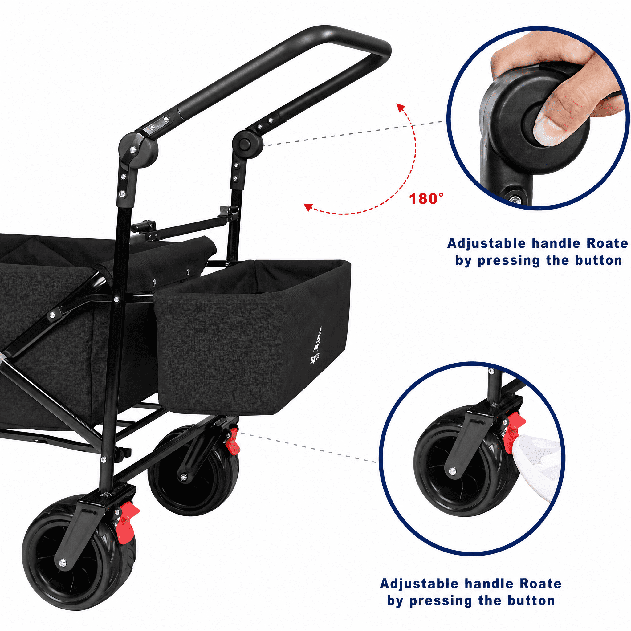 Collapsible Wagon Heavy Duty Folding Wagon Cart with Removable Canopy, 4" Wide Large All Terrain Wheels, Brake, Adjustable Handles, Cooler Bag Utility Carts for Outdoor Garden