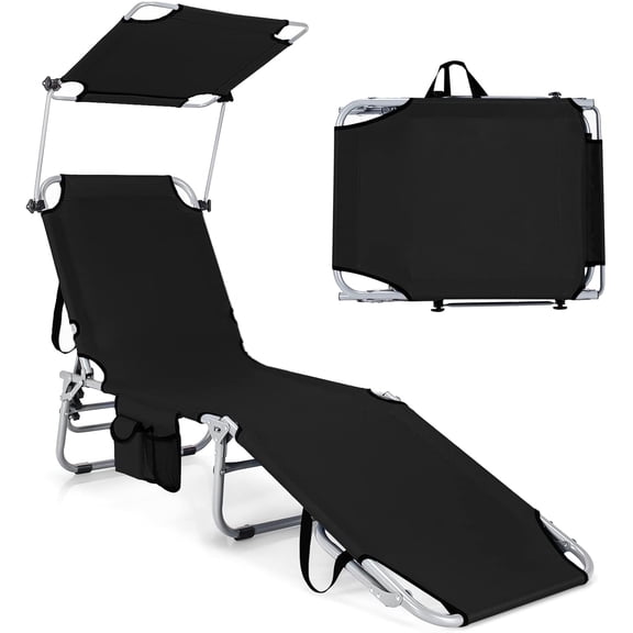 PetFurnishn Modern Black Outdoor Lounge Chair with Canopy, 5 Level Adjustable Layout Chaise Lounge for Outside, Folding Sunbath Chair for Outdoor, Patio, Poolside