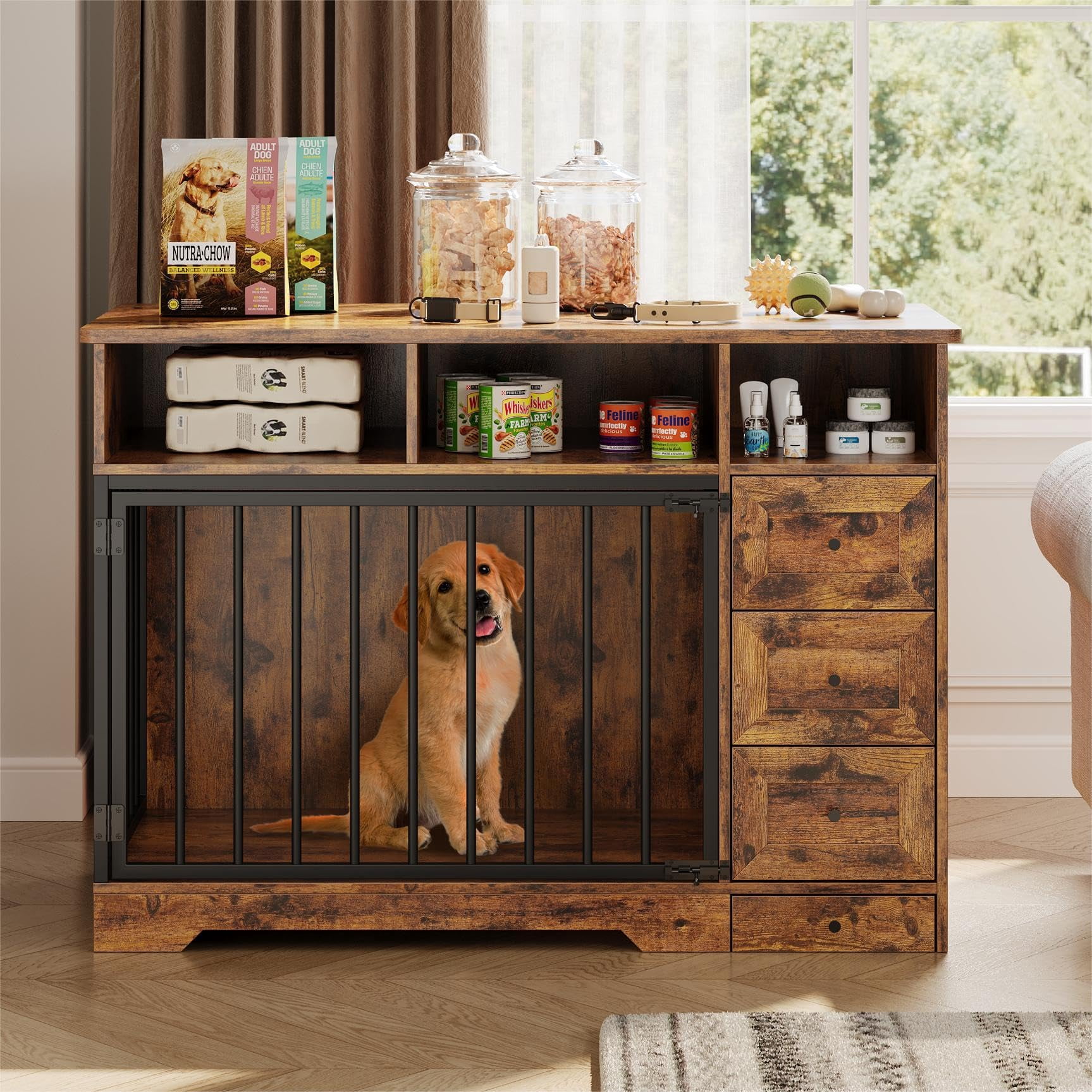 Studyset 48 Inch Dog Crate Furniture,Wooden Dog Kennel Indoor with Dog Bowl & Storage Drawers,Modern Pet Cage Side End Table,Heavy Duty Pet Crate Table for Medium Small Dogs for Living Room,Entryway