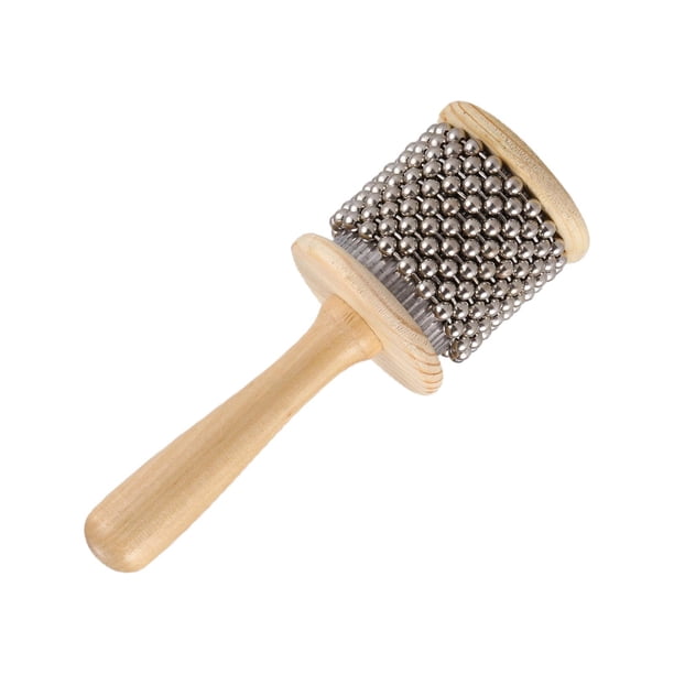 Juguete musical de madera Cabasa con cadena de cuentas de metal para educación musical. Diámetro 65 cm