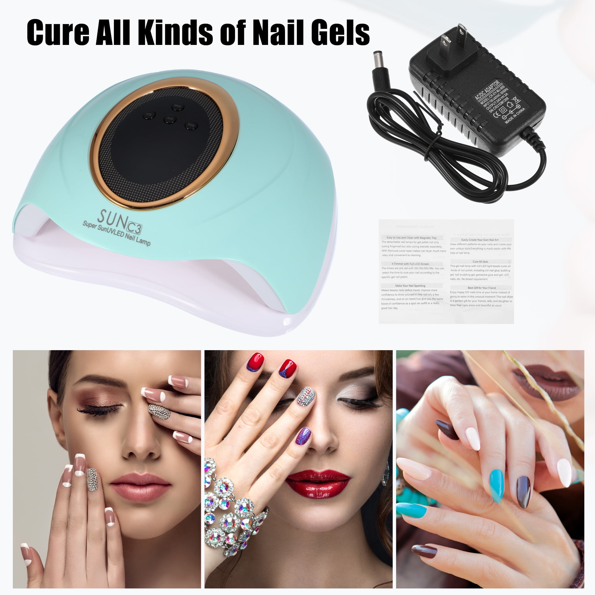 Unique Bargains UV-LED Nail Lamp Portable Fast Curing Nail Dryer with Sensor 4 Timers 288W 63pcs Nail Light ABS Green