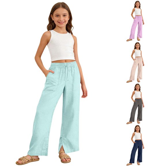 PMVFHDE Girls Casual Solid Pants Soft Everyday Comfort Fit Easy Care Wear For Kids Green,4-5 Years