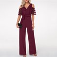 thumbnail image 2 of SELONE Plus Size Jumpsuits for Women Casual Short Wide Leg Pants Ladies Travel Comfortable Vacation Flowy Rompers Womens Jumpers and Rompers Casual Fashion Solid Color Mesh Short Sleeve Wine L, 2 of 7