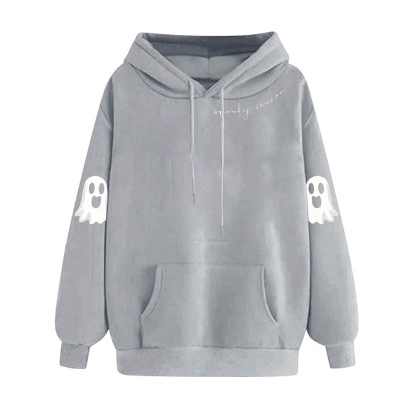 EchfiProm Oversized Sweatshirt for Womens with Pocket Gray Cute Long Sleeve Ghost Print Pullover Ladies Tops S