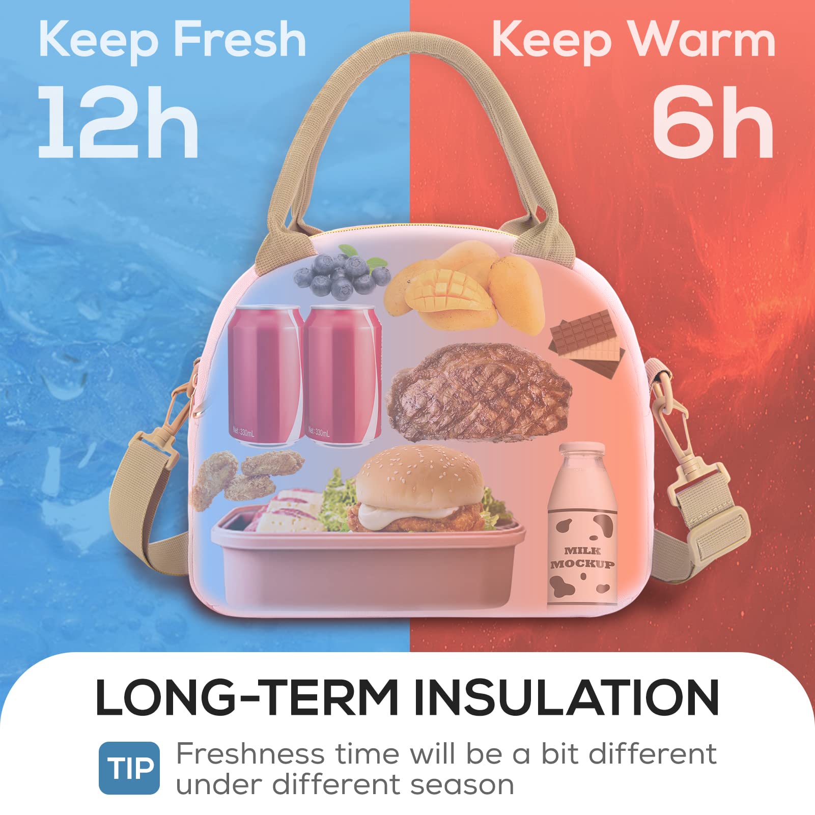 TOURIT Insulated Lunch Box Reusable Lunch Tote Bag, Soft Thermal Cooler Bag Food Container with Adjustable Shoulder Strap for Women Men Kids, Work School Picnic Beach, Hot Pink - image 4 of 8