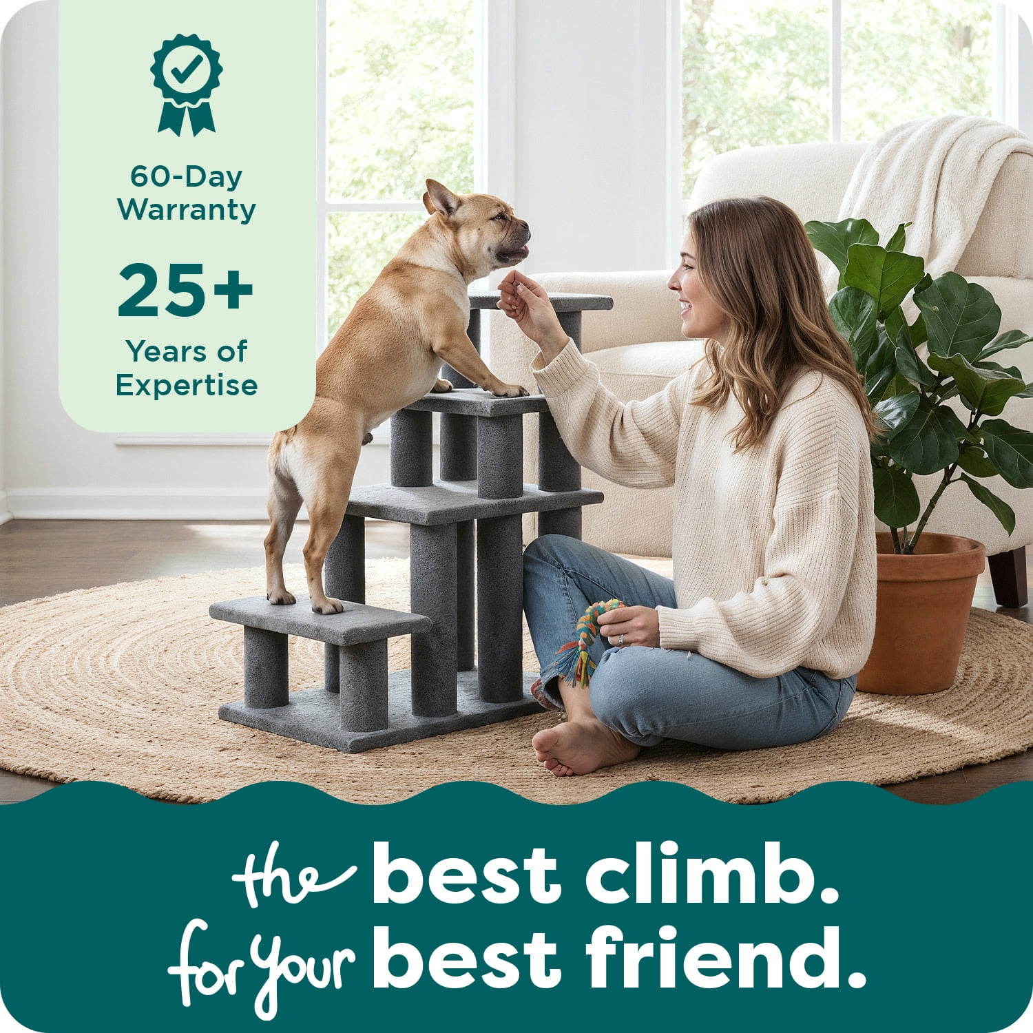 FurHaven Steady Paws Multi-Step Pet Stairs for High Beds & Sofas, Faux Fur Covered Dog Stairs for Small & Large Dogs, 4-Step Design, Plush Faux Fur, Brown
