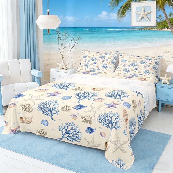 Manfei Watercolor Beige Seashell Starfish Coral Full Size Sheets for Kids Boys and Girls, Marine Life Print Bed Sheets 4-Piece, 1 Flat Sheet, 1 Fitted Sheet and 2 Pillowcases