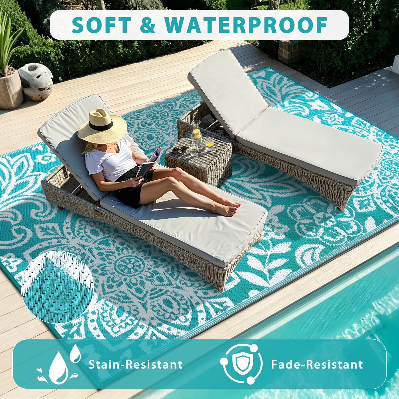 MJIAexp 8'x10' Beach Blue Outdoor Rug Patio Rug Waterproof RV Outdoor Rug Camping Rugs Reversible Plastic Straw Rug Large Outdoor Mat for Camping, Balcony Apartment, Patio, Porch, Picnic, Beach
