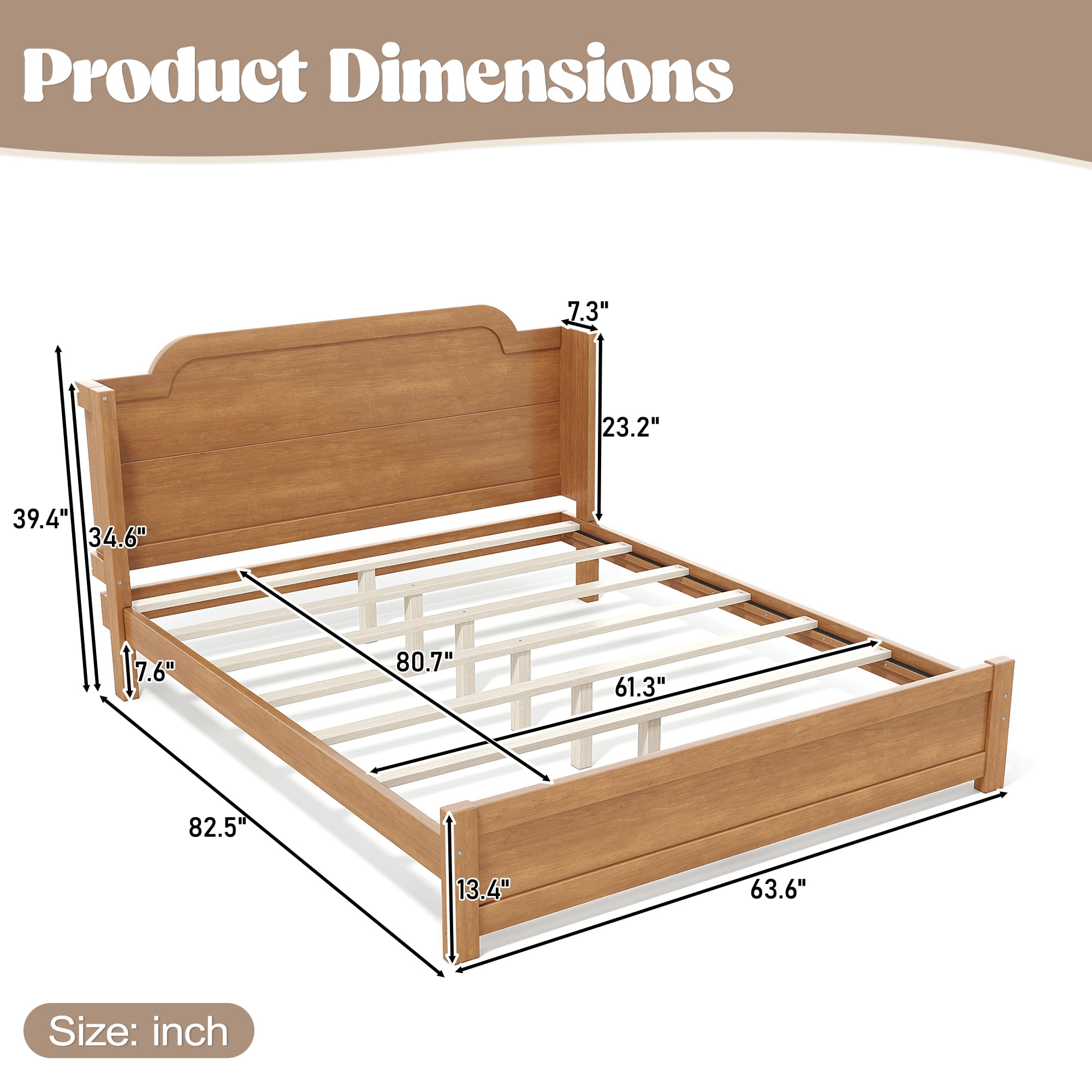 GARITIN Queen Solid Wood Platform Bed with Headboard, Natural Finish & Minimalist Design, Easy Assembly, No Box Spring Needed Traditional Wood Bed Frame, Natural
