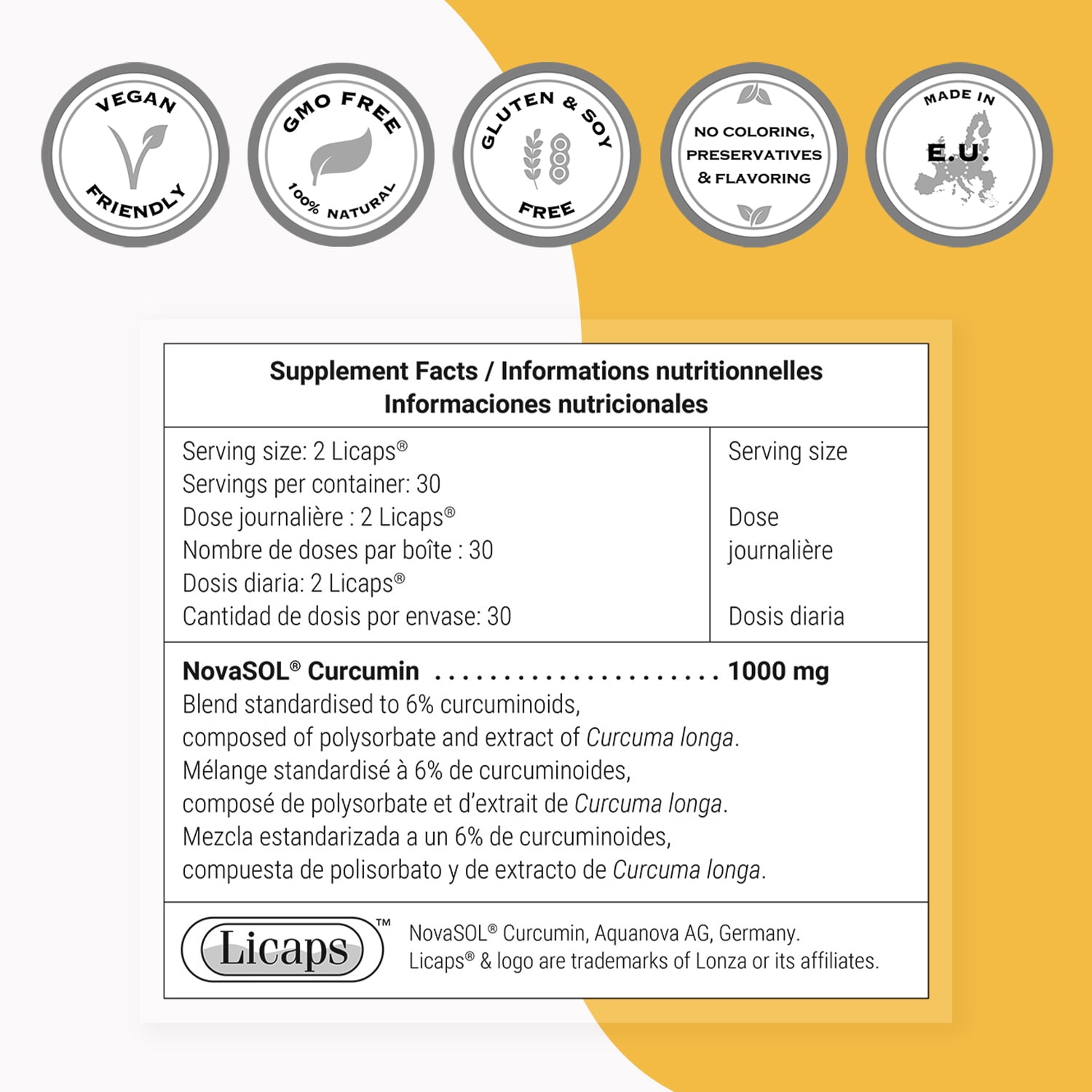SuperSmart Curcumin Solution 1000mg per Day (Highly Bioavaible & Patented) - Fast Release Capsules - Turmeric Curcumin NovaSOL 185x Bioavailable | Vegan & Gluten Free - 60 Licaps