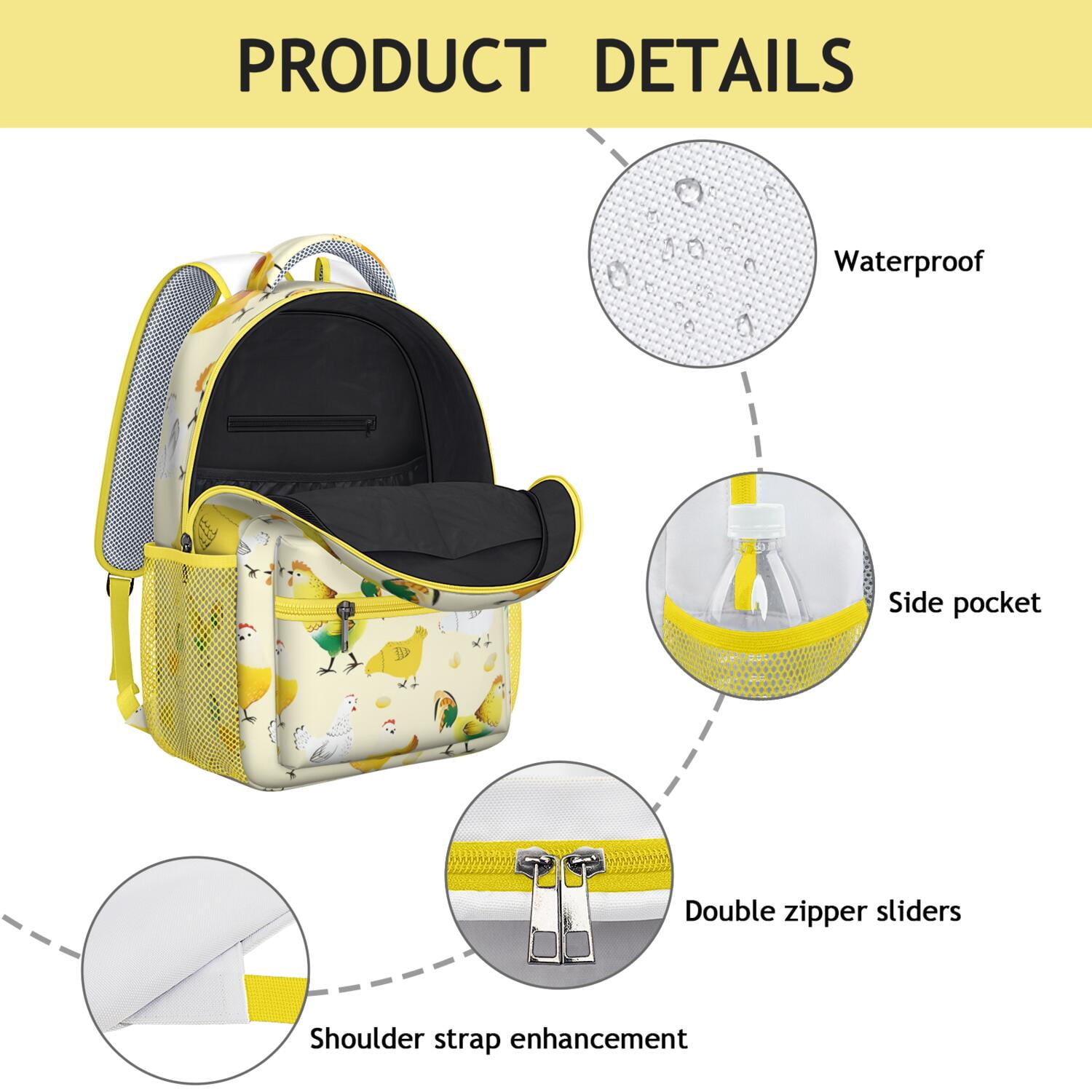 Farm Chicken and Moon Print School Backpack - Ergonomic Waterproof Bag with Breathable Mesh Straps & Side Pockets