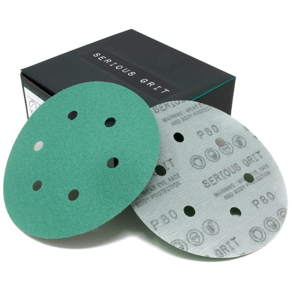 Serious Grit - 6-Inch 6-Hole 80 Grit Sanding Discs - Heavy-Duty Hook & Loop Film Discs - Sandpaper for Random Orbital Sanders - 50 Pack Box