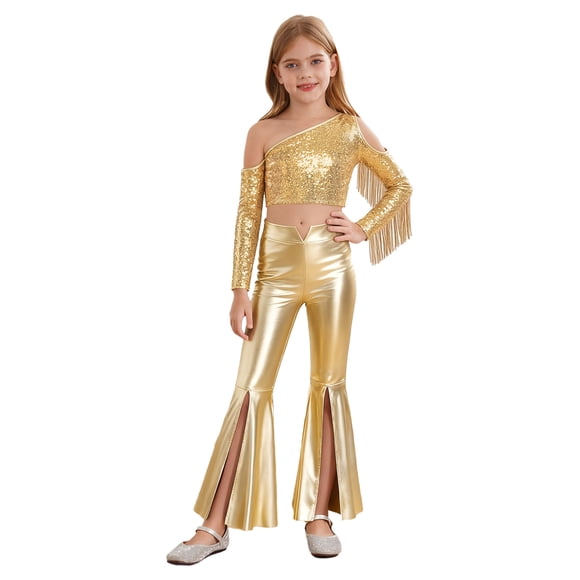 Moggemol Sparkly Disco Dance Outfit for Girls One Shoulder Sequin Crop Tops with Split Flare Pants Gold 8