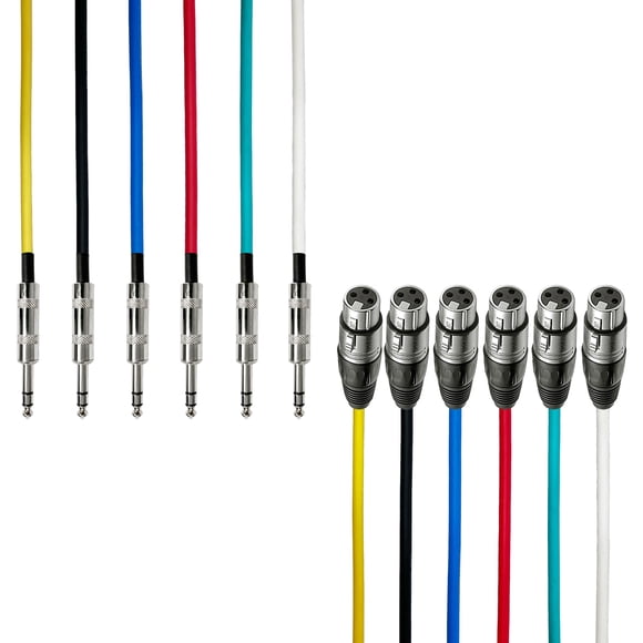 AxcessAbles XLR Femelle vers 1/4 Pouces TRS Symétrique 2 Pieds Haut-Parleur Couleur Paquet / Haut-Parleur Symétrique, Microphone Câbles Serpent (2 Pieds - Lot de 6)