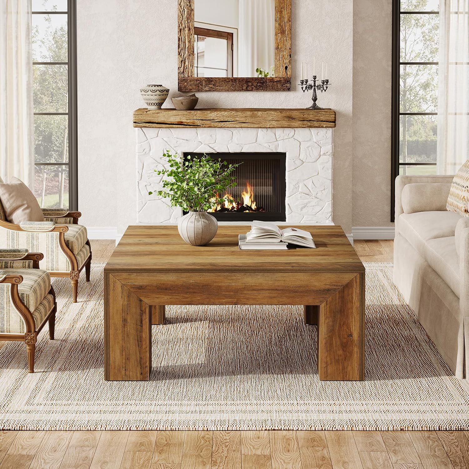Tribesigns 39.37" Low Square Coffee Table, Farmhouse Large Tea Accent Table Center Table for Living Room(Rustic Brown)