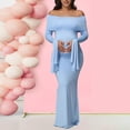 thumbnail image 4 of Women's Maternity Off Shoulder Dresses Back Split Long Sleeve Pregnancy Photography Dress for Baby Shower Party Blue XL, 4 of 8