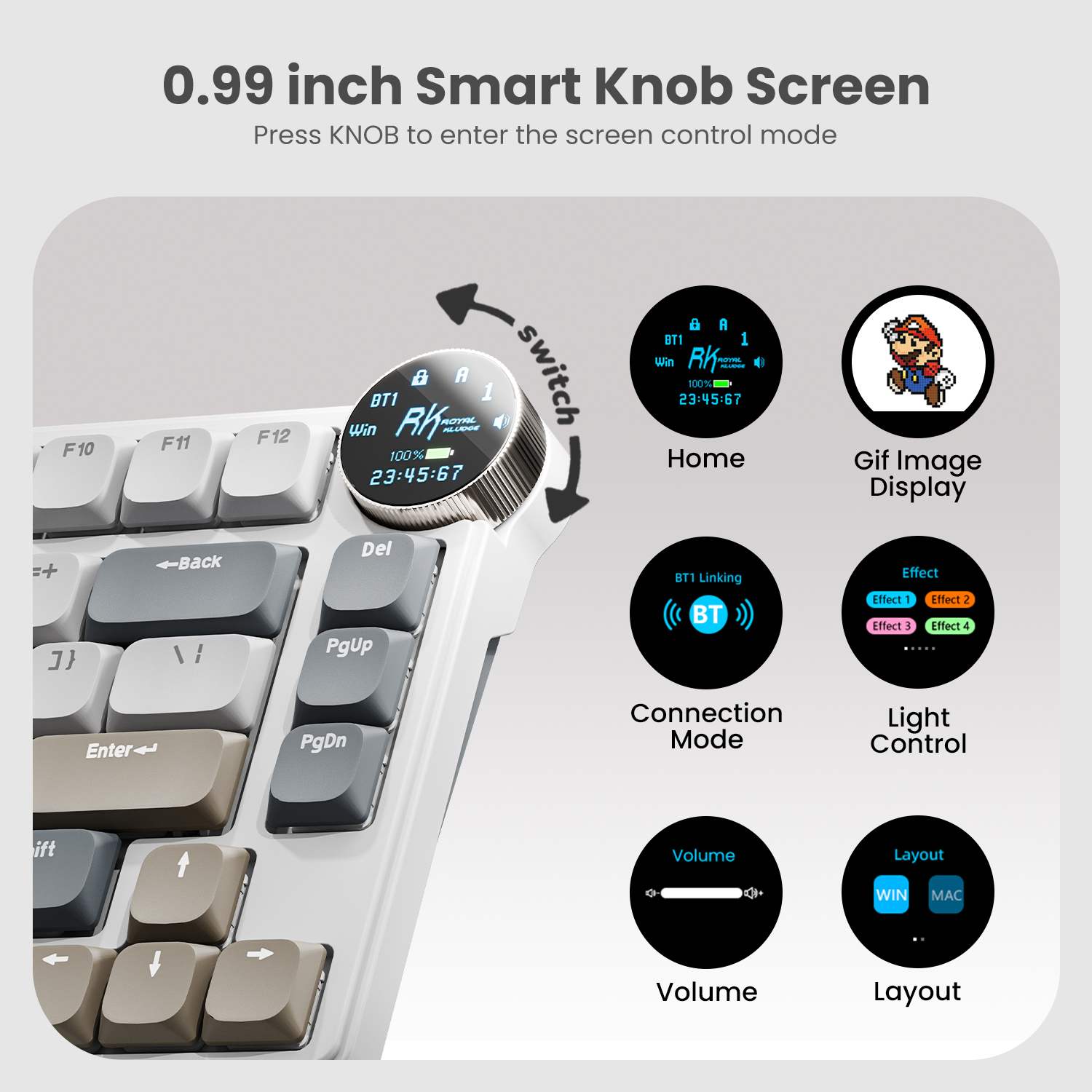 RK ROYAL KLUDGE N80 Low Profile Mechanical Keyboard w/Smart Display Screen & Knob, 75% Top Mount 3-Modes Wireless Mechanical Keyboard, Software Support, Massive Battery, 80 Keys, Quiet Red Switch